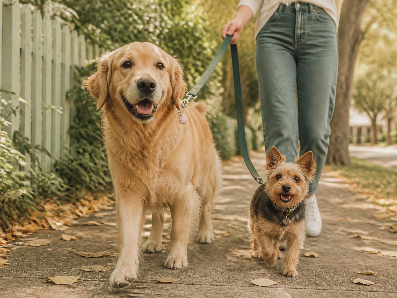 Two dogs walking on a leafy sidewalk with an Elowen Pet Care caretaker